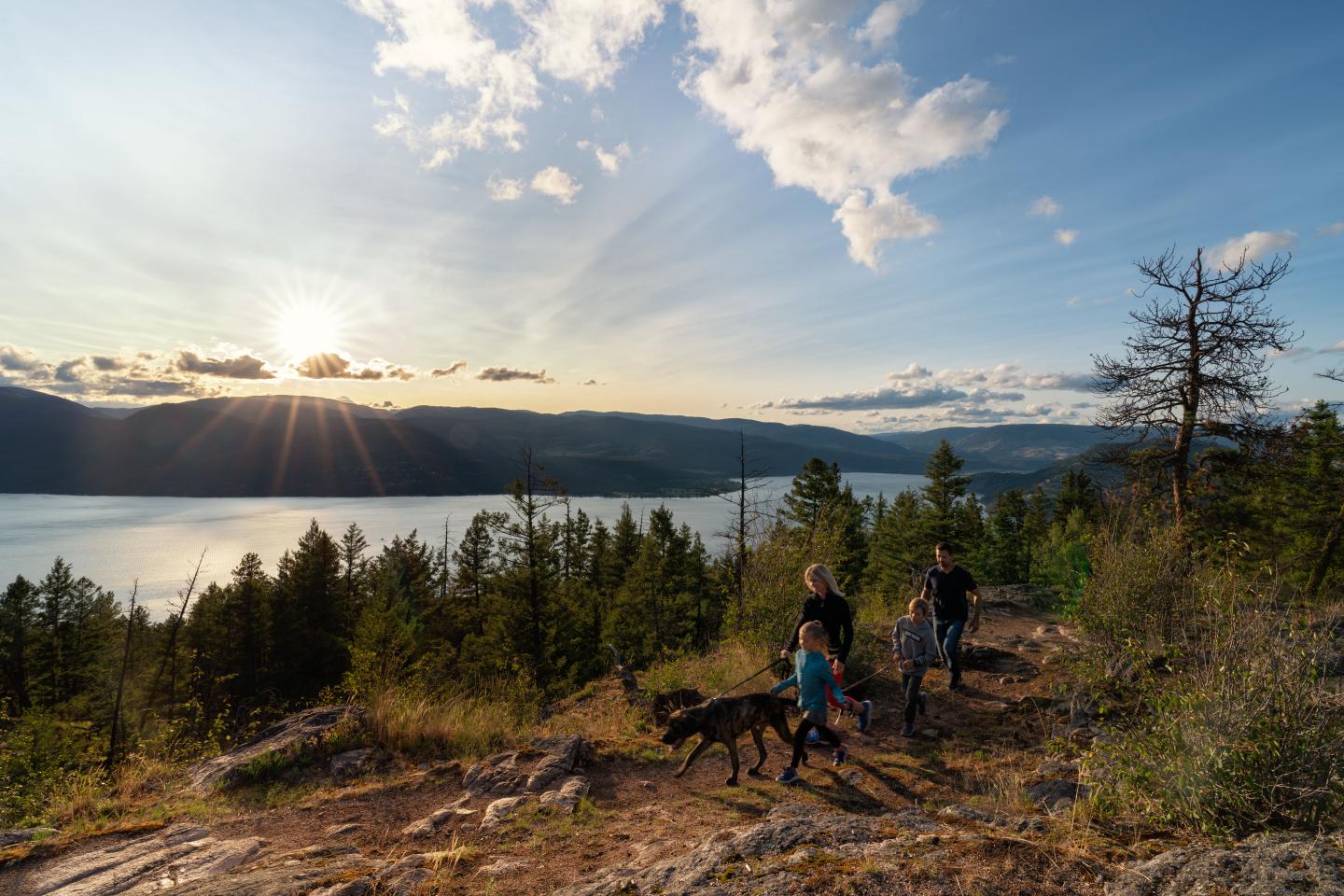 A family walking a dog by a lake