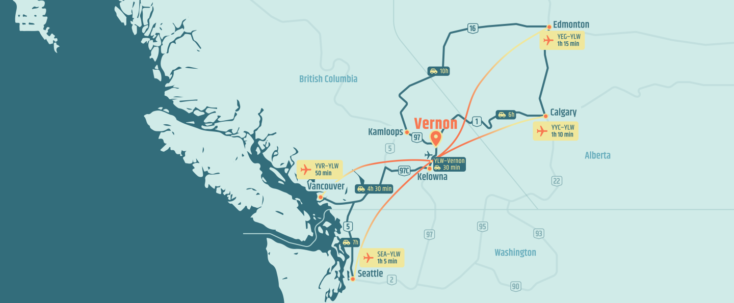 map of Vernon showing major flight routes and driving distances in western canada
