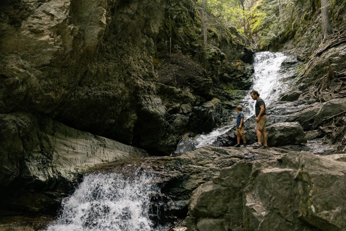 man and boy standing beside waterfall