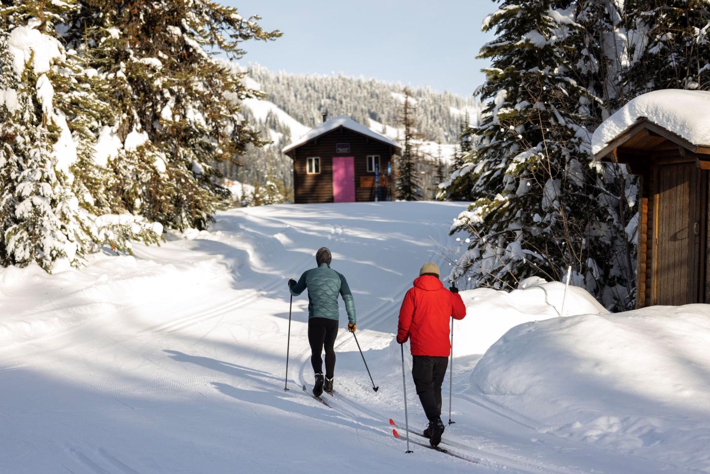 Two people cross-country skiing toward a snowy cabin in the forest.
